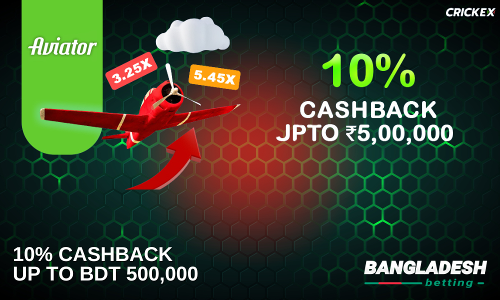 Crickex users receive from 5% to 10% cashback from bets at Aviator