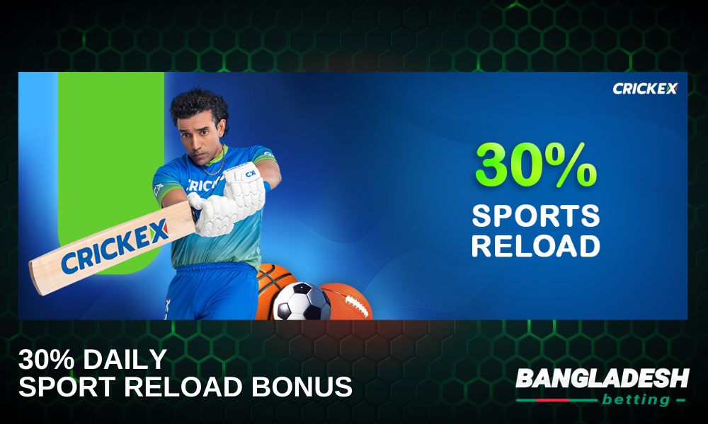 For replenishing your Crickex account for sports, you get a daily bonus of 30%