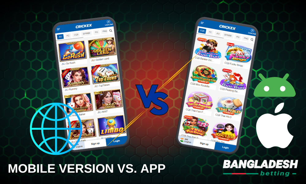Comparison of the mobile version and the Crickex app